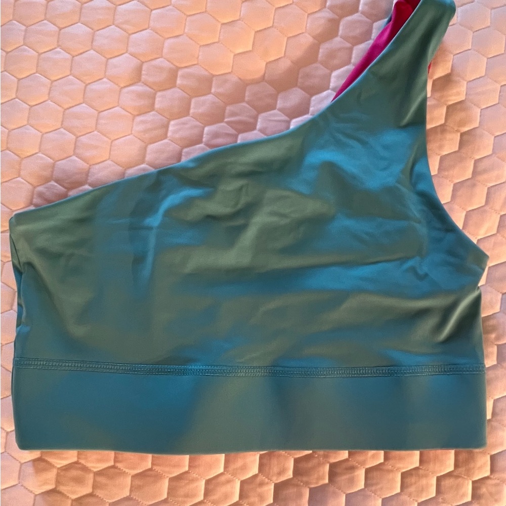 Fabletics One-Shoulder Reversible Teal/Bright Pink Bralette